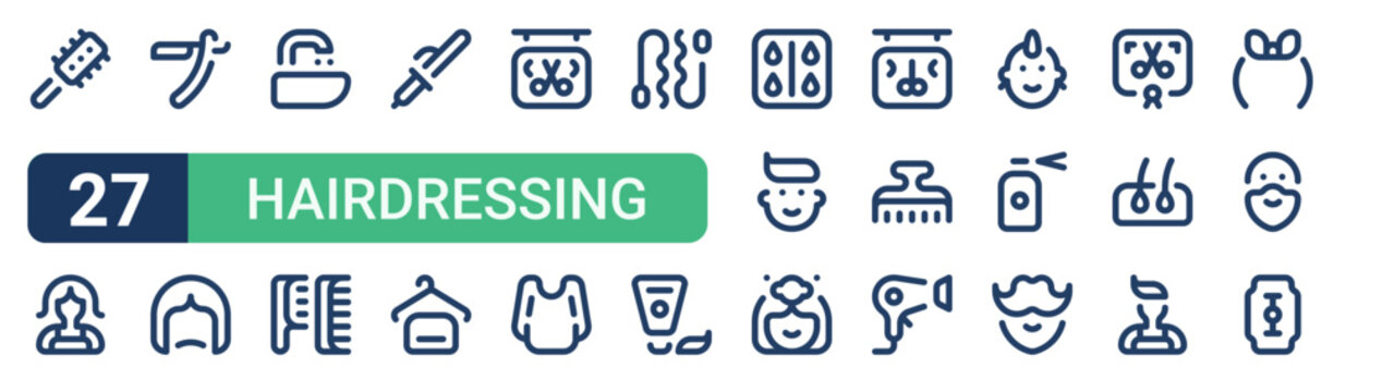 Set of 27 thin line Hairdressing icons for app screens, websites and product dashboards. Outline vector pack featuring hair brush, hairdresser, razor, wig, faucet and comb.