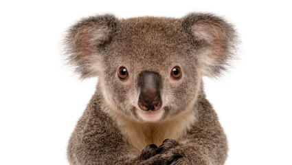 Isolated adorable koala joey with big ears and endearing gaze, looking directly at camera © Aoife