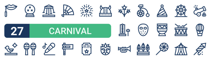 Set of 27 thin line Carnival icons for app screens, websites and product dashboards. Outline vector pack featuring lips, duck shooting, fortune teller, maracas, spinning swing and microphone. © Emma