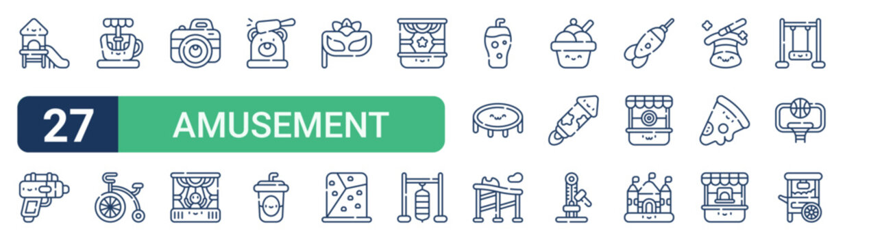 Set of 27 thin line Amusement Park icons for app screens, websites and product dashboards. Outline vector pack featuring playground, water gun, spinning teacup, bicycle, camera and puppet show.