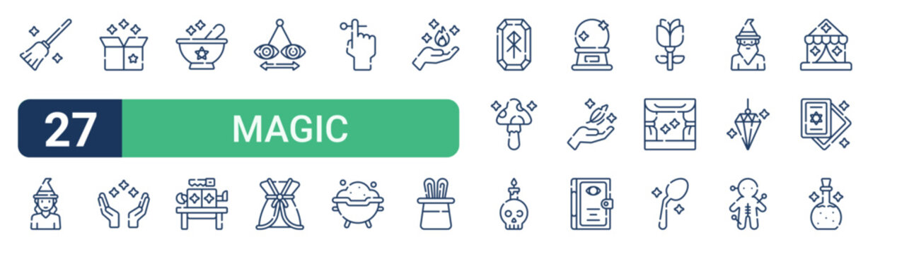 Set of 27 thin line Magic icons for app screens, websites and product dashboards. Outline vector pack featuring witch broom, witch, magic box, magic trick, recipe and magic trick.