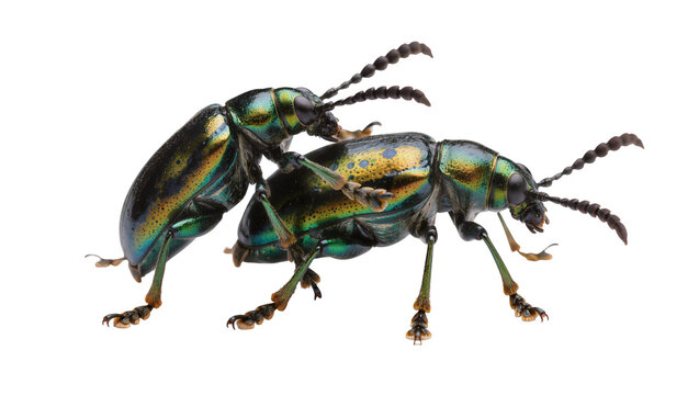 Isolated two vibrant metallic leaf beetles with shimmering bodies in close-up interaction