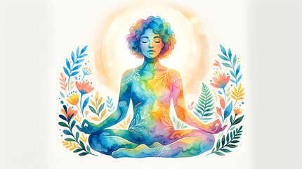 Fototapeta premium Watercolor illustration of a woman meditating in lotus position with floral surroundings, meditation