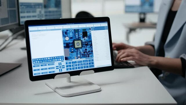 Female technician reviews microchip production operations using devices app in factory workspace, r&D office employee uses tablet and PC to improve semiconductor hardware performance.