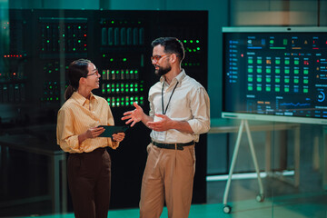 Fototapeta premium It engineers discussing server performance in data center, analyzing information on a dashboard screen