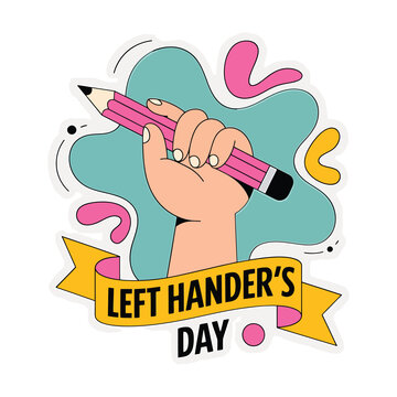Left handers day illustration with a hand holding a pencil and a yellow ribbon banner