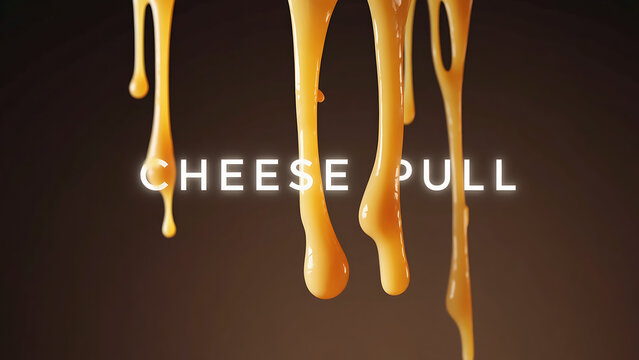 Melted cheese strings dripping down with cheese pull text on dark