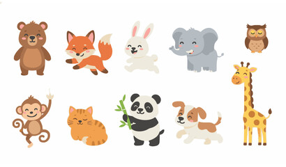 Naklejka premium Cute Cartoon Animal Vector Collection with Adorable Wildlife Characters Keywords