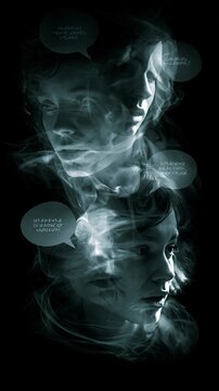 behind layered blurry faces and cryptic speech bubbles suggest emotional turmoil enhanced by minimal darkness wisps of smoke and dynamic light patterns.