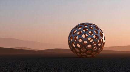 Fototapeta premium Futuristic metallic sphere in a desert landscape at sunset, abstract technology and nature concept, generative AI, with copy space