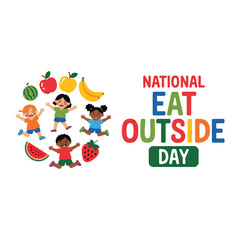 Fototapeta premium National eat outside day illustration with happy children and fresh fruits isolated on white background