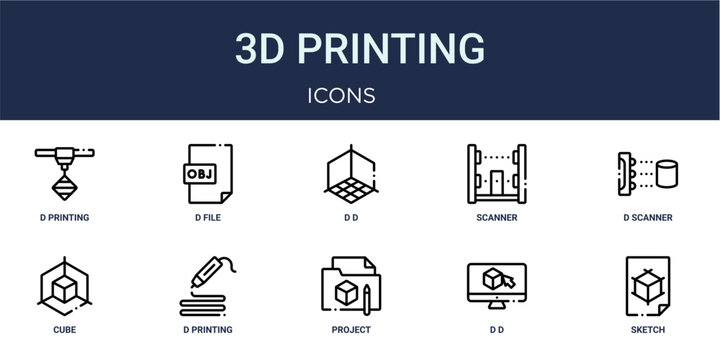 Set of 10 outline 3D Printing icons for reports, landing pages and application screens. Editable stroke icon pack including d printing, d file, d scanner, cube and sketch.