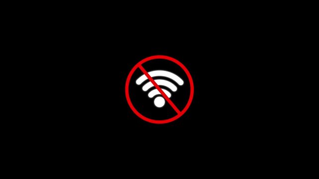 Animated No Wi-Fi Connection Icon with Red Warning Prohibited Symbol on Black Background for Internet Disconnected Status.