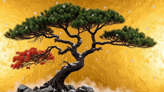 Opulent Japanese Pine on Gold Leaf Background