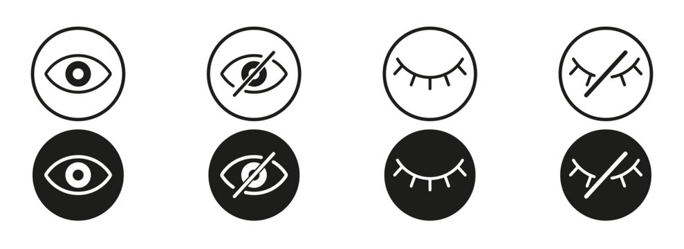 Eye visibility control icon collection featuring open, hidden, and closed eye symbols. Signs for password display options, privacy settings, user authentication, and secure digital experiences.
