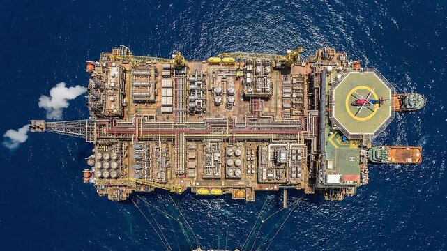 Massive industrial oil rig platform operating in deep ocean motion footage
