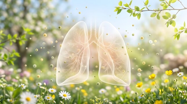 Human Lungs Floating Above a Springtime Meadow with Pollen Particles Representing Respiratory Health and Natural Seasonal Allergy Concepts