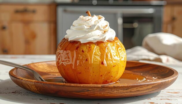 Delicious baked apple topped with creamy whipped cream and drizzled with sweet caramel syrup, a perfect fall dessert.