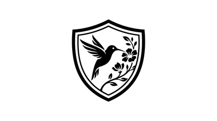 Fototapeta premium Flying Hummingbird Inside Floral Shield Emblem Minimalist Black and White Illustration