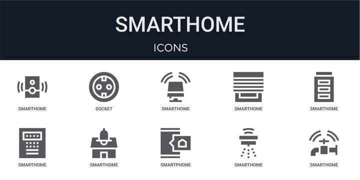 Set of 10 solid Smarthome icons for dashboards, app screens and website sections. Filled glyph collection including socket, smarthome, smarthome, smartphone and smarthome.