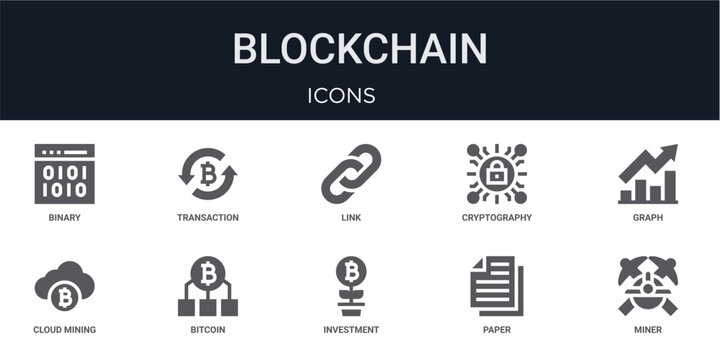 Set of 10 solid Blockchain icons for dashboards, app screens and website sections. Filled glyph collection including transaction, cryptography, cloud mining, investment and paper.