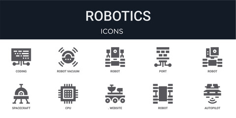 Obraz premium Set of 10 solid Robotics icons for dashboards, app screens and website sections. Filled glyph collection including robot vacuum cleaner, port, spacecraft,. for website design and mobile, app