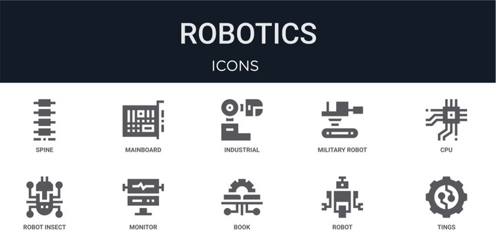 Set of 10 solid Robotics icons for dashboards, app screens and website sections. Filled glyph collection including mainboard, military robot, robot insect, book and robot.