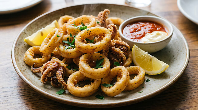 Delicious fried calamari on a plate with dipping sauce and lemon