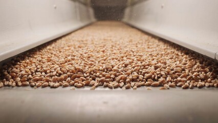 Obraz premium Conveyor belt carries a massive amount of processed wheat grain through an automated industrial facility.