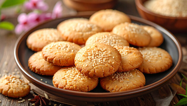 Delicious Golden Brown Sesame Seed Biscuits on a Dark Plate
