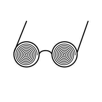 Optical illusion glasses with hypnotic spiral lenses, creating a mind-bending visual effect symbolizing confusion and altered perception