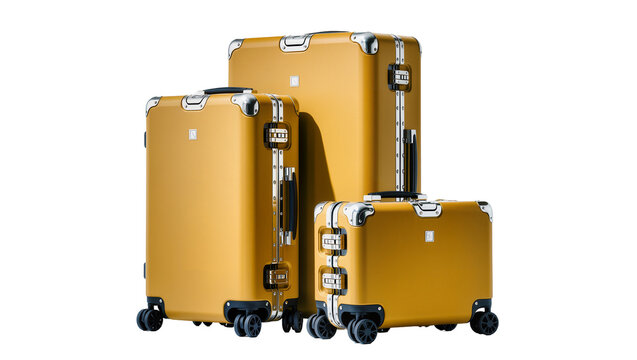 Isolated elegant set of three hard-shell yellow travel suitcases with chrome details and wheels
