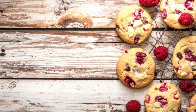 Delicious Raspberry and White Chocolate Chip Cookies Freshly Baked on a Rustic Wooden Surface