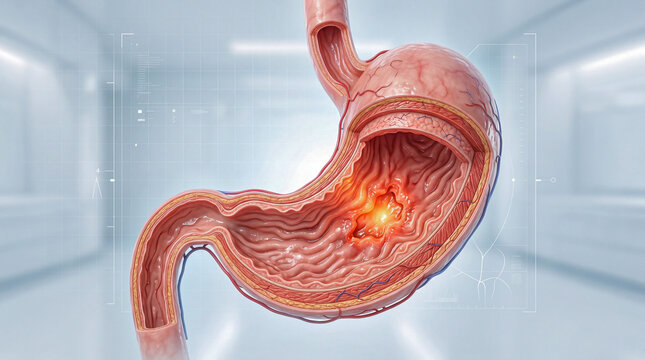 Anatomical 3D Model of Human Stomach Showing Internal Gastric Ulcer and Inflammation