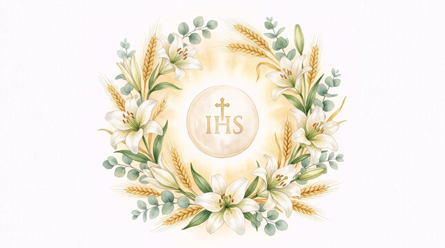 Eucharistic host wreath with wheat watercolor illustration