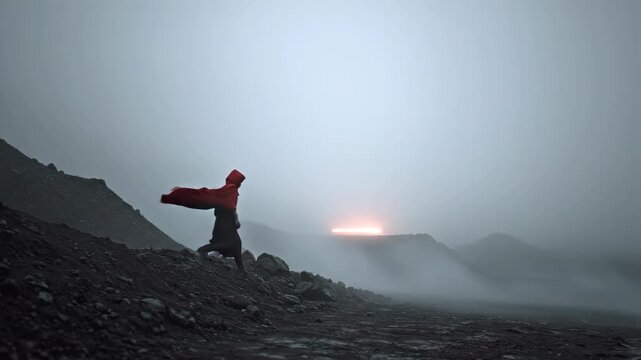 Woman in red coat stands on misty rocky hill. She opens her garment amid fog then watches emerging sunrise. Atmospheric nature discovery and serene outdoor adventure sequence.