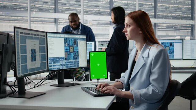 Mockup green screen tablet used by female technician examining microchip circuit layout in factory office, woman uses chroma key isolated screen device to improve semiconductor manufacturing.