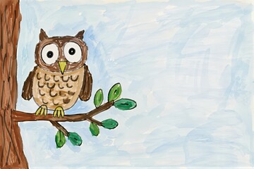Fototapeta premium Child drawing of owl sitting on tree branch. Naive artistic style with grotesque aesthetic and intentional awkwardness. Hand drawn illustration with empty space for custom text message.