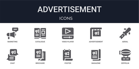 Set of 10 solid Advertisement icons for dashboards, app screens and website sections. Filled glyph collection including catalogue, Advertisement, chat, poster and magazine. © Olivia
