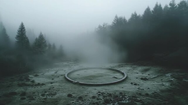 Misty forest enveloping ancient stone circle. Fog drifts through dense woodland trees. Atmospheric nature sequence evoking mystery and serene wilderness exploration.