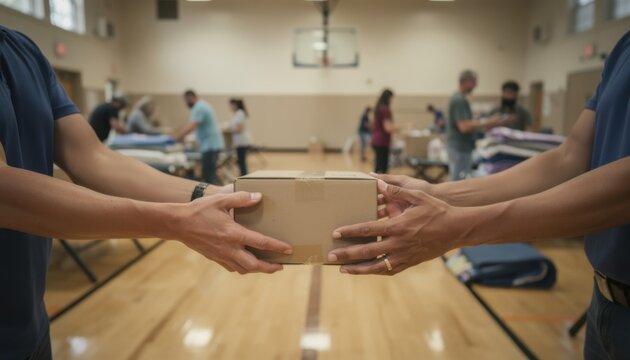 Focused on hands exchanging boxes of relief items in a school gym shelter soft lighting emphasizing the compassion and teamwork among diverse neighbors