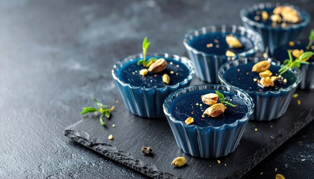 Elegant individual blueberry and cardamom fruit jellies with pistachio and mint garnish, presented on a dark slate surface