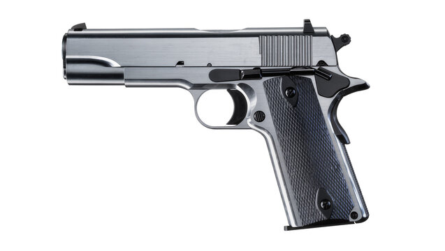 Isolated modern silver semi-automatic pistol, classic 1911 style handgun with dark grip
