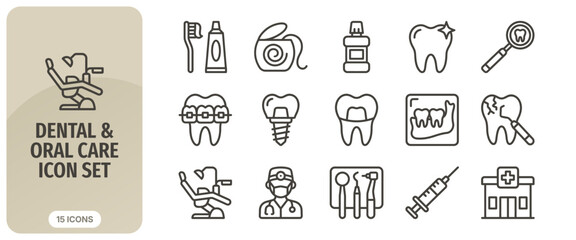 Naklejka premium Dental and oral care icon set, vector illustration of dental equipment, tooth treatment, and stomatology symbols