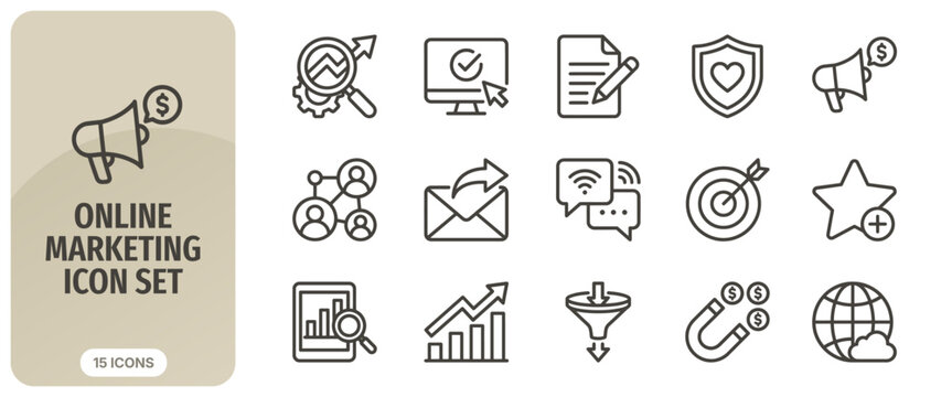 Online marketing icon set digital business, social media and advertising signs search engine optimization, email marketing, target audience, and sales funnel icons