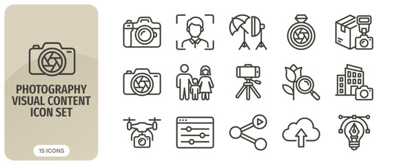 Fototapeta premium Photography visual content icon set, vector illustration of professional camera equipment, studio lighting, photo editing, and digital media sharing symbols