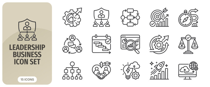 Leadership and business management icons, vector set of professional corporate strategy and organizational development symbols