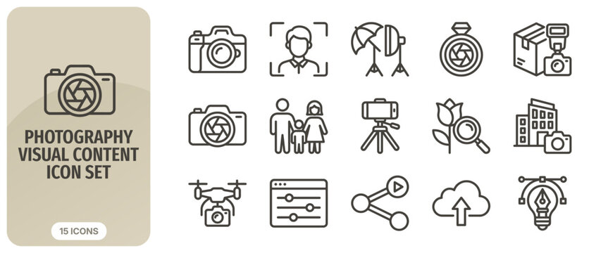Photography visual content icon set, vector illustration of professional camera equipment, studio lighting, photo editing, and digital media sharing symbols