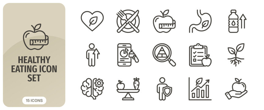 Healthy eating icon set, thin line style, vector illustration collection of icons related to nutrition, diet, wellness, healthy lifestyle, food tracking, and organic food