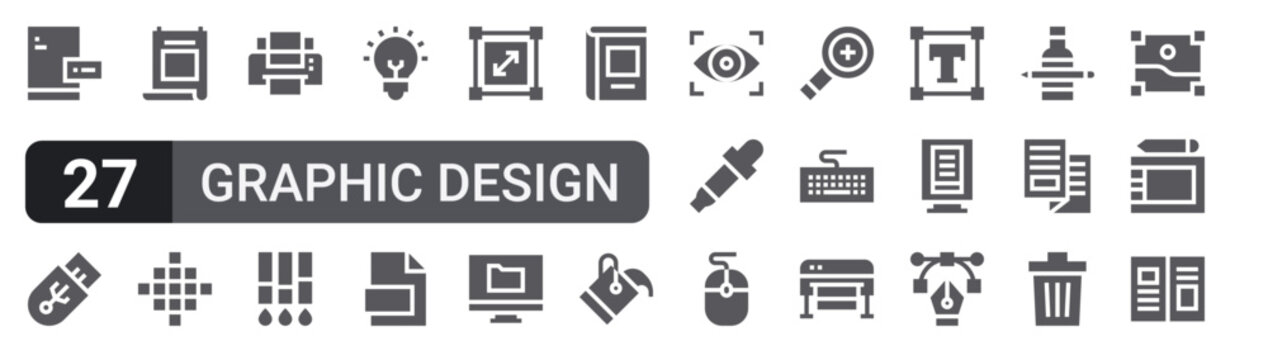 Set of 27 filled glyph Graphic Design icons for mobile apps, web interfaces and digital products. Solid vector icon pack featuring paper, printer, scale, eyedropper, poster and editorial.